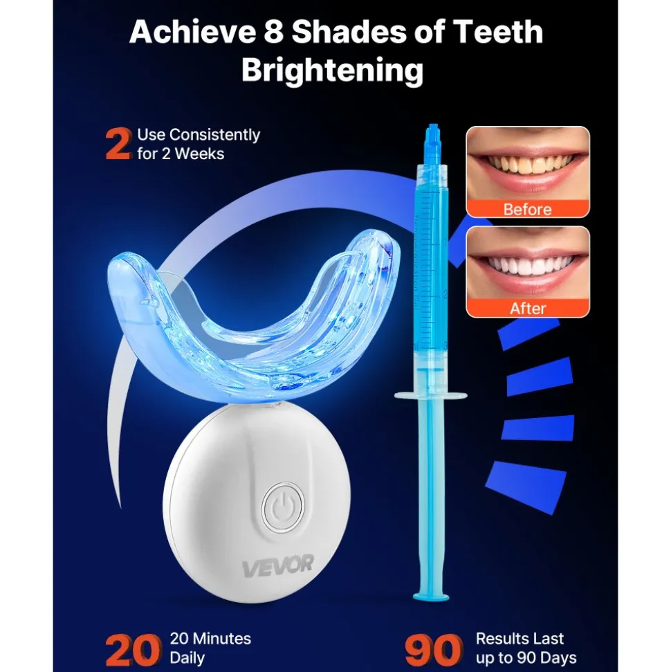 VEVOR Teeth Whitening Kit with LED Light, 32 LED Accelerator Lights, Whitening Gel Syringe, Desensitizing Gel, and U-Shaped Tray, Wireless Portable Kit Fast and Effectively Removes Stubborn Stains