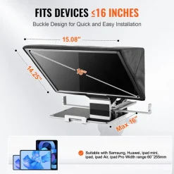 VEVOR Teleprompter, 16" Aluminum Alloy, Floor Type with Adjustable Angle Spectroscope, Remote Control, for YouTube, Twitch, Zoom, Supports DSLR/Webcam, for Video Recording/Live Streaming