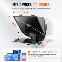 VEVOR Teleprompter, 10" Aluminum Alloy, Desktop Prompter with Adjustable Spectroscope, Remote Control, for YouTube, Twitch, Zoom, Supports DSLR/Webcam/Smartphone, for Video Recording/Live Streaming