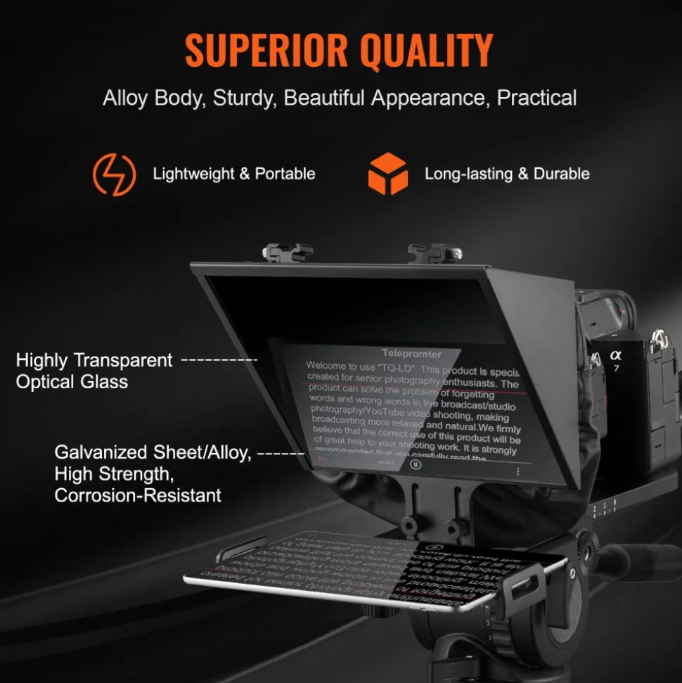 VEVOR Teleprompter, 10" Aluminum Alloy, Desktop Prompter with Adjustable Spectroscope, Remote Control, for YouTube, Twitch, Zoom, Supports DSLR/Webcam/Smartphone, for Video Recording/Live Streaming
