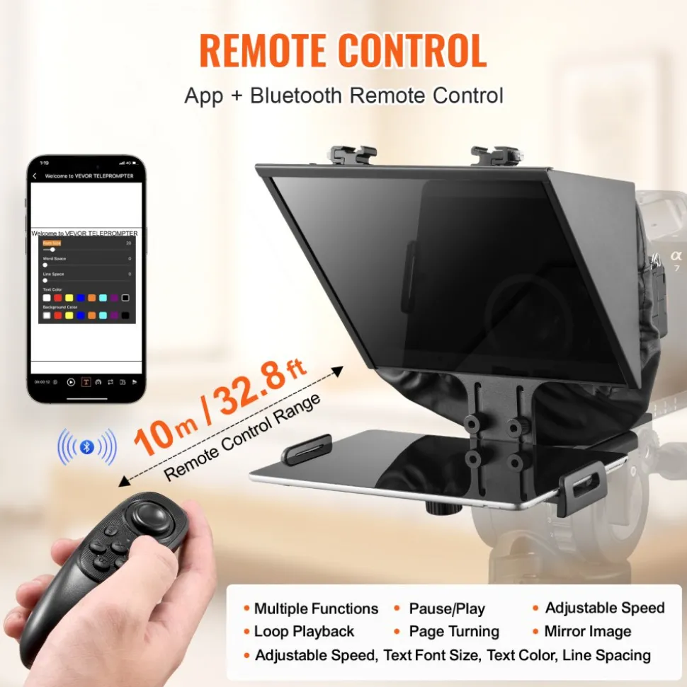 VEVOR Teleprompter, 10" Aluminum Alloy, Desktop Prompter with Adjustable Spectroscope, Remote Control, for YouTube, Twitch, Zoom, Supports DSLR/Webcam/Smartphone, for Video Recording/Live Streaming