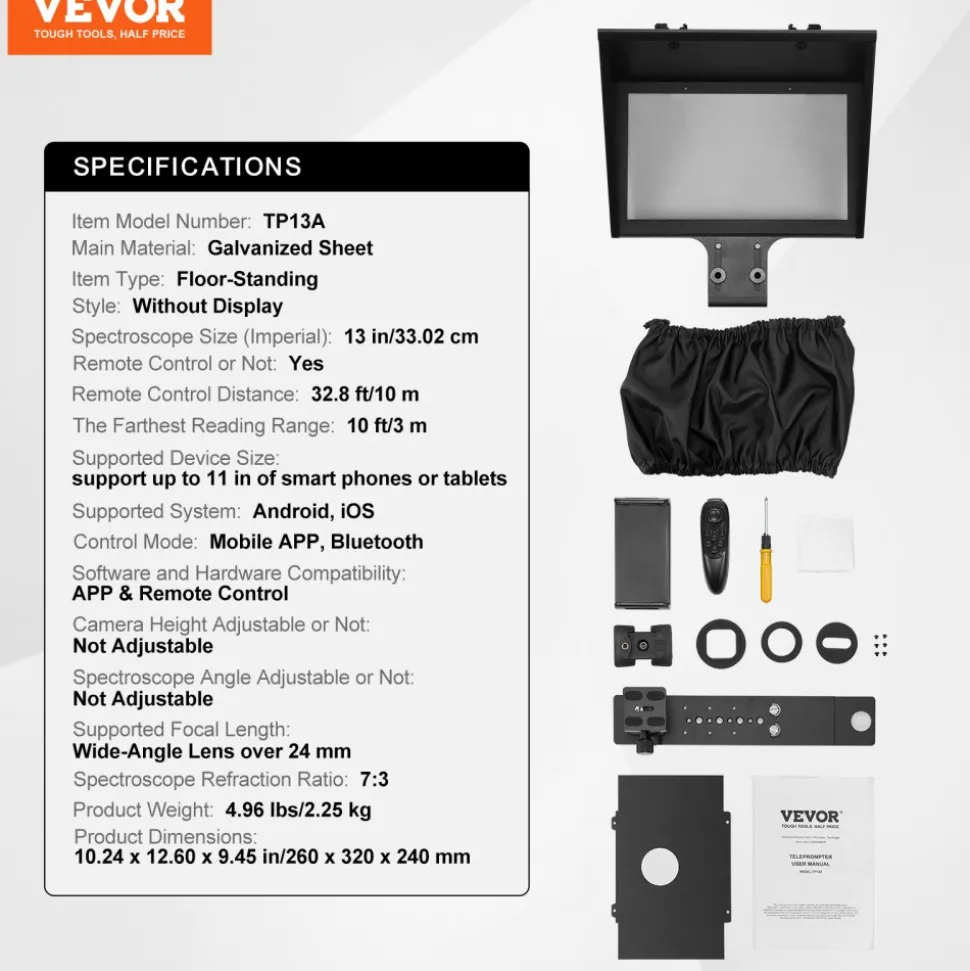 VEVOR Teleprompter, 10" Aluminum Alloy, Desktop Prompter with Adjustable Spectroscope, Remote Control, for YouTube, Twitch, Zoom, Supports DSLR/Webcam/Smartphone, for Video Recording/Live Streaming