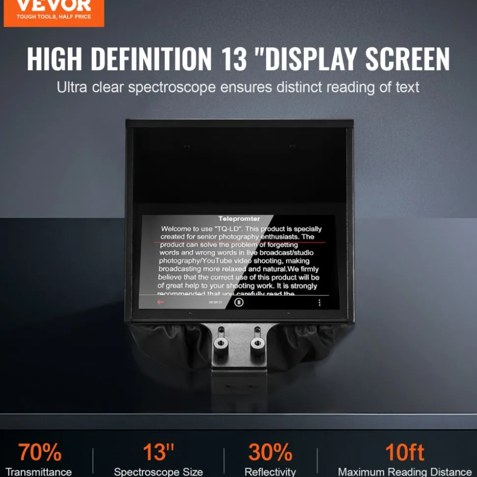 VEVOR Teleprompter, 10" Aluminum Alloy, Desktop Prompter with Adjustable Spectroscope, Remote Control, for YouTube, Twitch, Zoom, Supports DSLR/Webcam/Smartphone, for Video Recording/Live Streaming