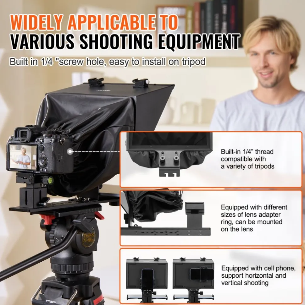 VEVOR Teleprompter, 10" Aluminum Alloy, Desktop Prompter with Adjustable Spectroscope, Remote Control, for YouTube, Twitch, Zoom, Supports DSLR/Webcam/Smartphone, for Video Recording/Live Streaming