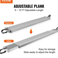 VEVOR Telescoping Aluminum Work Plank, 9-15 Feet 500lbs Capacity, 12.5 inch Width Aluminum Scaffold Plank,Extension Staging Plank with Skid-Proof Platform Scaffold Ladder Accessory