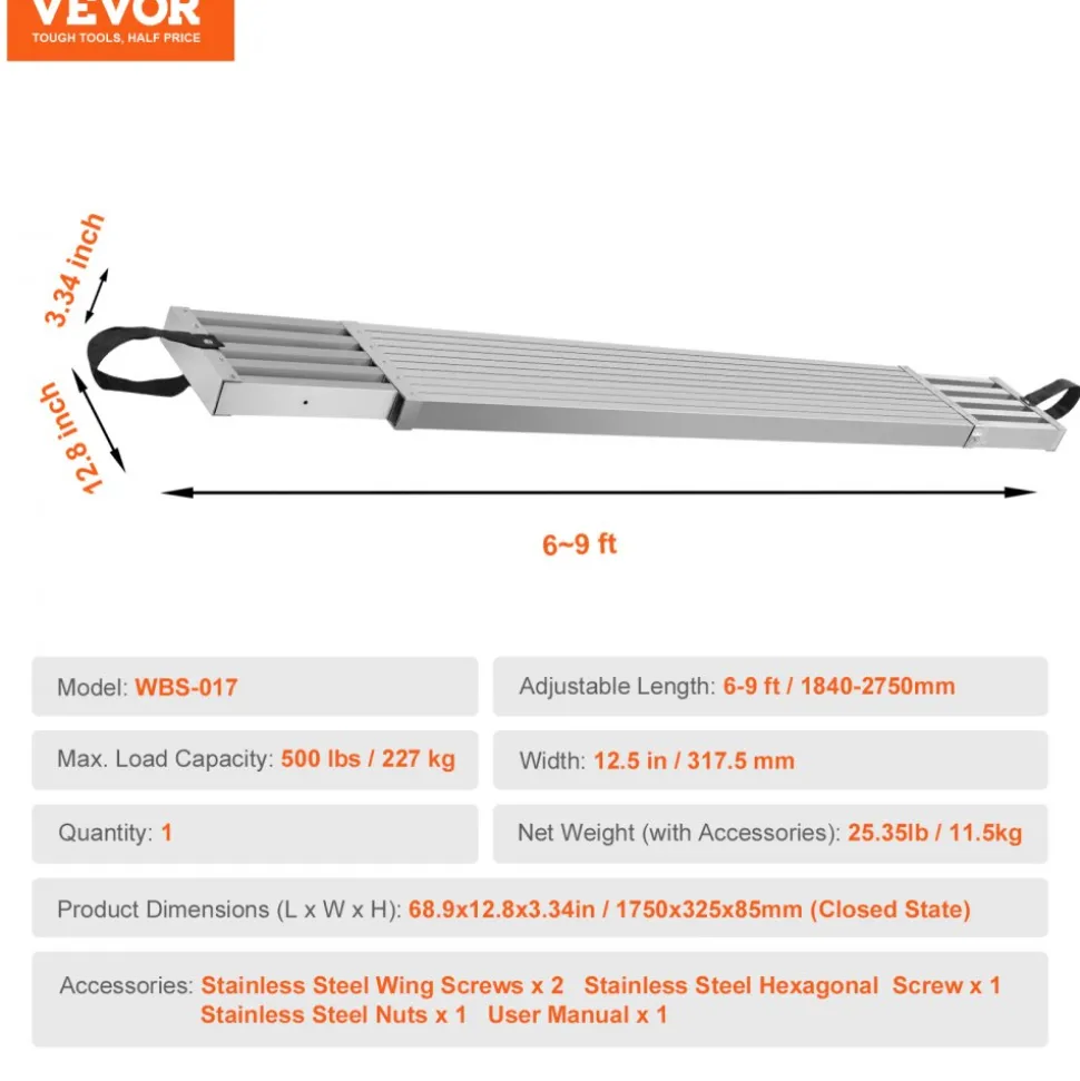 VEVOR Telescoping Aluminum Work Plank, 6-9 Feet 500lbs Capacity, 12.5 inch Width Aluminum Scaffold Plank,Extension Staging Plank with Skid-Proof Platform Scaffold Ladder Accessory