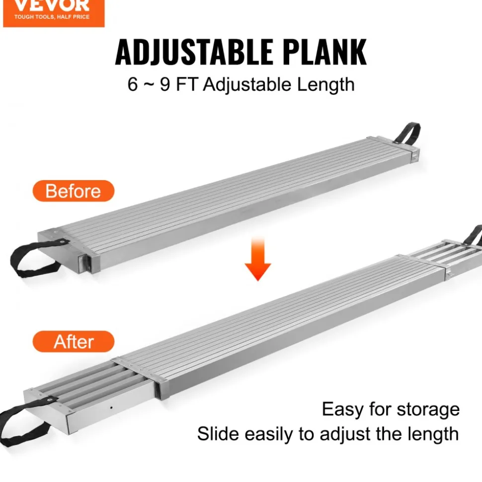 VEVOR Telescoping Aluminum Work Plank, 6-9 Feet 500lbs Capacity, 12.5 inch Width Aluminum Scaffold Plank,Extension Staging Plank with Skid-Proof Platform Scaffold Ladder Accessory