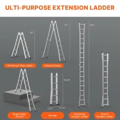 VEVOR Telescoping Ladder A Frame, 17 FT Compact Aluminum Extension Ladder, Multi-Function Portable Collapsible RV Ladder, Telescopic Ladder for Homework Stairs Indoor Outdoor Roof, 330lb Load