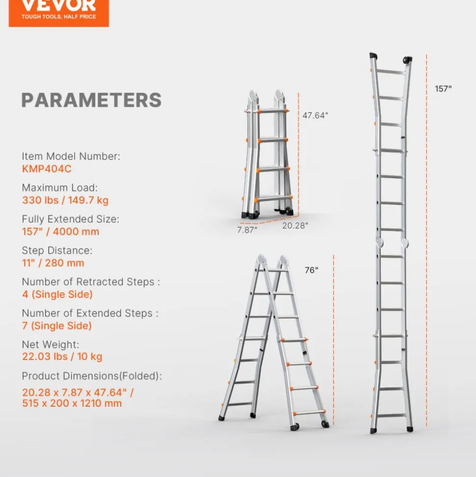 VEVOR Telescoping Ladder A Frame, 15.5 FT Compact Aluminum Extension Ladder, Multi-Function Portable Collapsible RV Ladder, Telescopic Ladder for Homework Stairs Indoor Outdoor Roof, 330lb Load