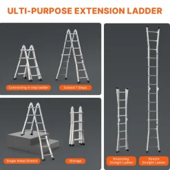 VEVOR Telescoping Ladder A Frame, 15.5 FT Compact Aluminum Extension Ladder, Multi-Function Portable Collapsible RV Ladder, Telescopic Ladder for Homework Stairs Indoor Outdoor Roof, 330lb Load