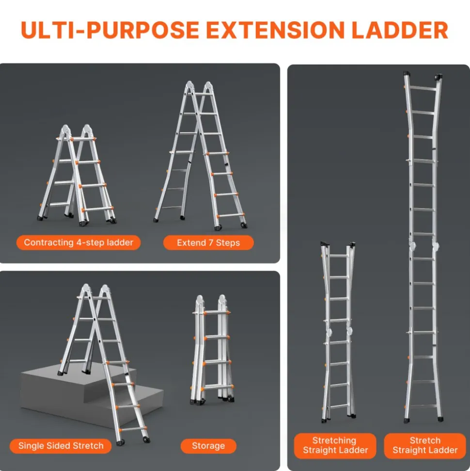 VEVOR Telescoping Ladder A Frame, 15.5 FT Compact Aluminum Extension Ladder, Multi-Function Portable Collapsible RV Ladder, Telescopic Ladder for Homework Stairs Indoor Outdoor Roof, 330lb Load