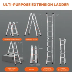 VEVOR Telescoping Ladder A Frame, 9.5 FT Compact Aluminum Extension Ladder, Multi-Function Portable Collapsible RV Ladder, Telescopic Ladder for Homework Stairs Indoor Outdoor Roof, 330lb Load