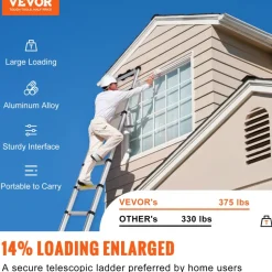 VEVOR Telescoping Ladder, 10.5 FT Aluminum One-button Retraction Collapsible Extension Ladder, 375 LBS Capacity with Non-slip Feet, Portable Multi-purpose Compact Ladder for Home, RV, Loft, ANSI Liste