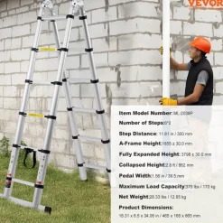 VEVOR Telescoping Ladder, 12.5FT A-Shape Aluminum Extension Ladder Lightweight, Multi-button Retraction Collapsible Ladder, 375 LBS Capacity w/ Stabilizer Bar, Multi-Purpose Ladders for RV, Camper