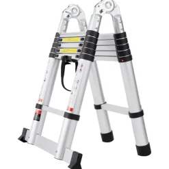 VEVOR Telescoping Ladder, 12.5FT A-Shape Aluminum Extension Ladder Lightweight, Multi-button Retraction Collapsible Ladder, 375 LBS Capacity w/ Stabilizer Bar, Multi-Purpose Ladders for RV, Camper