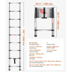 VEVOR Telescoping Ladder, 8.5ft Stainless Steel Lightweight Extension Ladder, Multi-Button Retraction Collapsible Ladders, 330LBS Capacity & Non-Slip Feet, Portable 9-Step Ladders for Home, RV, Loft