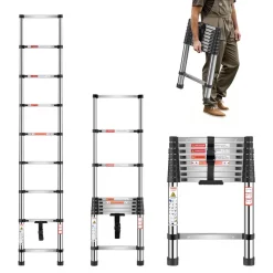 VEVOR Telescoping Ladder, 8.5ft Stainless Steel Lightweight Extension Ladder, Multi-Button Retraction Collapsible Ladders, 330LBS Capacity & Non-Slip Feet, Portable 9-Step Ladders for Home, RV, Loft