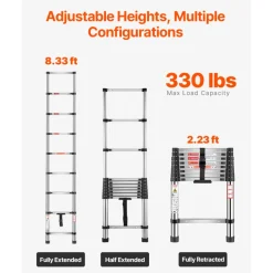 VEVOR Telescoping Ladder, 8.5ft Stainless Steel Lightweight Extension Ladder, Multi-Button Retraction Collapsible Ladders, 330LBS Capacity & Non-Slip Feet, Portable 9-Step Ladders for Home, RV, Loft