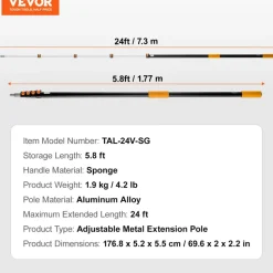 VEVOR Telescoping Pole, 6 to 24 FT Pole, Extension Multi-Purpose Pole, Sturdy Aluminum Alloy Paint Extendable Pole with Flip-Lock Design, Telescopic Pole for Painting, Dusting and Cleaning