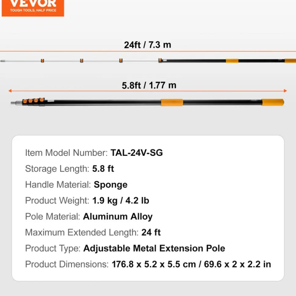 VEVOR Telescoping Pole, 6 to 24 FT Pole, Extension Multi-Purpose Pole, Sturdy Aluminum Alloy Paint Extendable Pole with Flip-Lock Design, Telescopic Pole for Painting, Dusting and Cleaning