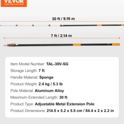 VEVOR Telescoping Pole, 7 to 30 FT Pole, Extension Multi-Purpose Pole, Sturdy Aluminum Alloy Paint Extendable Pole with Flip-Lock Design, Telescopic Pole for Painting, Dusting and Cleaning