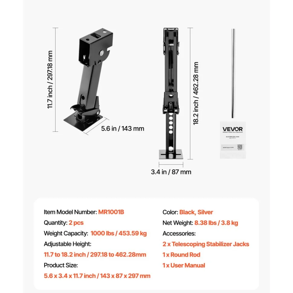 VEVOR Telescoping Stabilizer Jack, 2PCS Telescoping Folding Trailer Jack, Trailer Swing Down Stabilizer Jack for RV Trailer, Supports 1000lbs Capacity Each, Adjustable from 11.7 inch to 18.2 inch