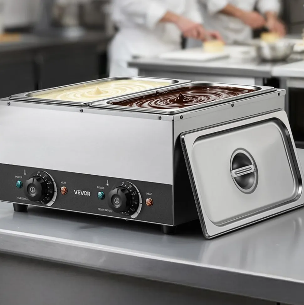 VEVOR 2-Temp Knob Chocolate Melting Machine, 2 Tanks 17.6 Lbs Choc Melter, 1600W Power, Independent Temp Control, Water Bath Heat System, Stainless Steel, 86℉ - 185℉, Cheese Warmer, Commercial & Home