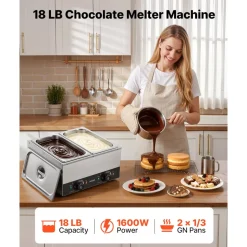 VEVOR 2-Temp Knob Chocolate Melting Machine, 2 Tanks 17.6 Lbs Choc Melter, 1600W Power, Independent Temp Control, Water Bath Heat System, Stainless Steel, 86℉ - 185℉, Cheese Warmer, Commercial & Home