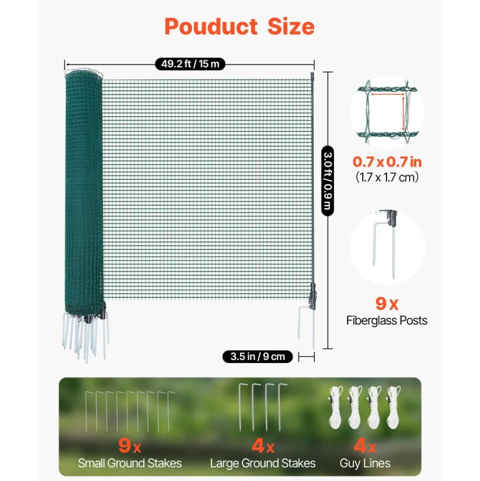 VEVOR Temporary Fence with Posts, 3 x 49.2 FT Plastic Mesh Fencing, Garden Safety Fences Netting with Double-Spike Stakes & Guy Ropes, Temporary Fence for Dogs, Chickens, Plants, Outdoor Yards