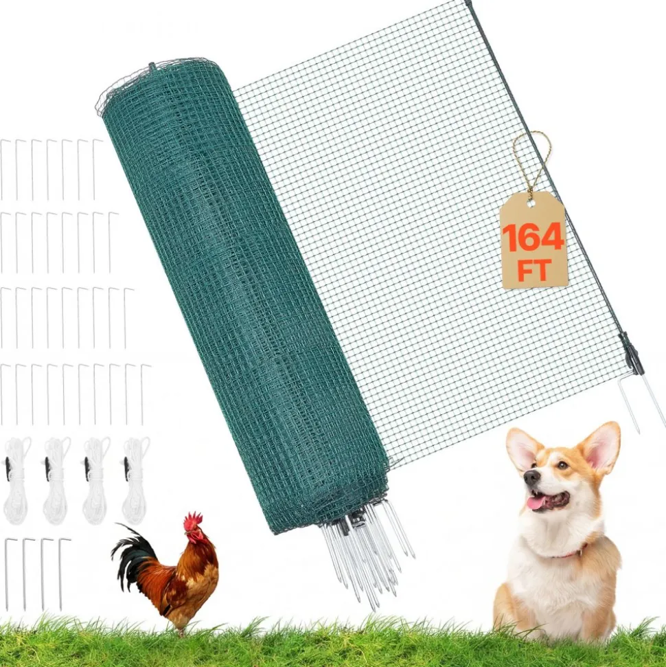 VEVOR Temporary Fence with Posts, 3 x 164 FT Plastic Mesh Fencing, Garden Safety Fences Netting with Double-Spike Stakes & Guy Ropes, Temporary Fence for Dogs, Chickens, Plants, Outdoor Yards