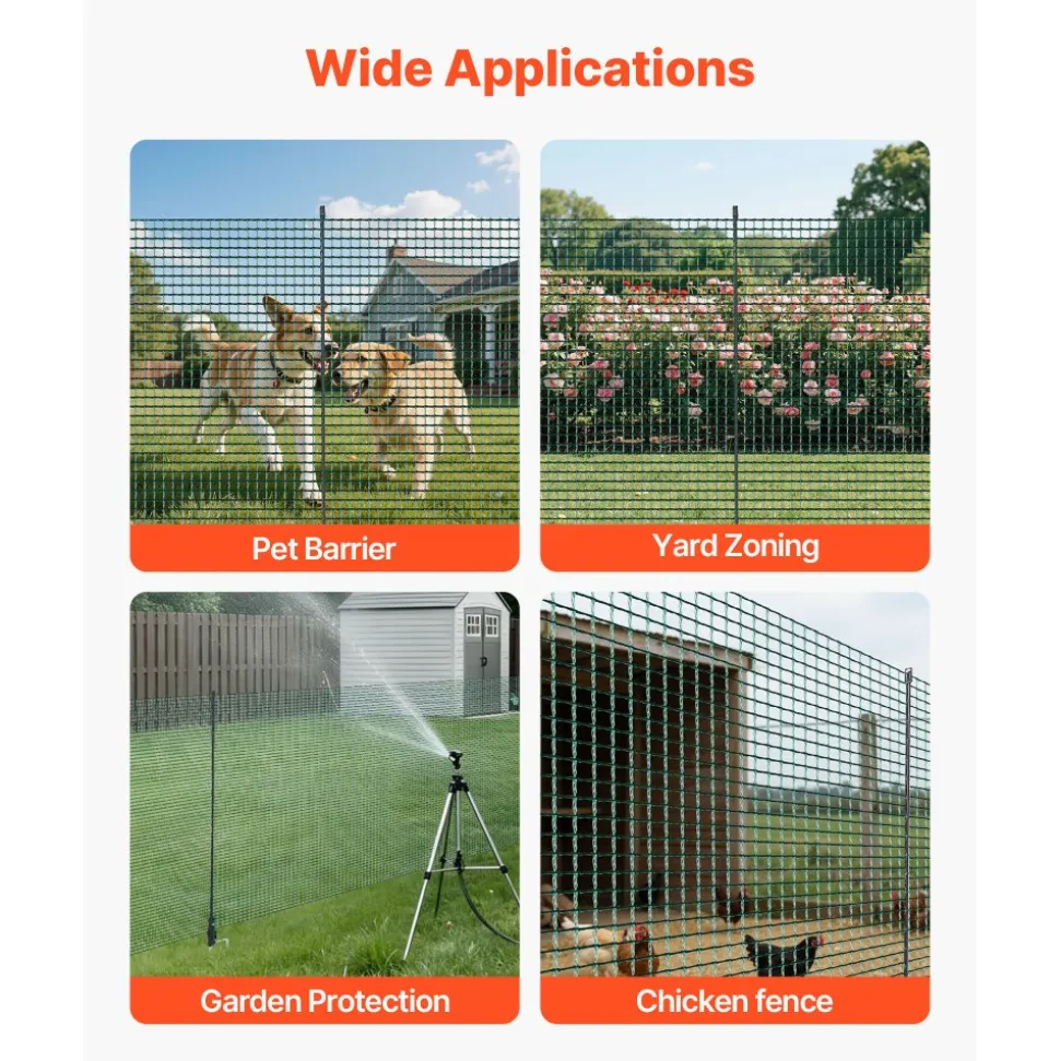 VEVOR Temporary Fence with Posts, 3 x 98.4 FT Plastic Mesh Fencing, Garden Safety Fences Netting with Double-Spike Stakes & Guy Ropes, Temporary Fence for Dogs, Chickens, Plants, Outdoor Yards