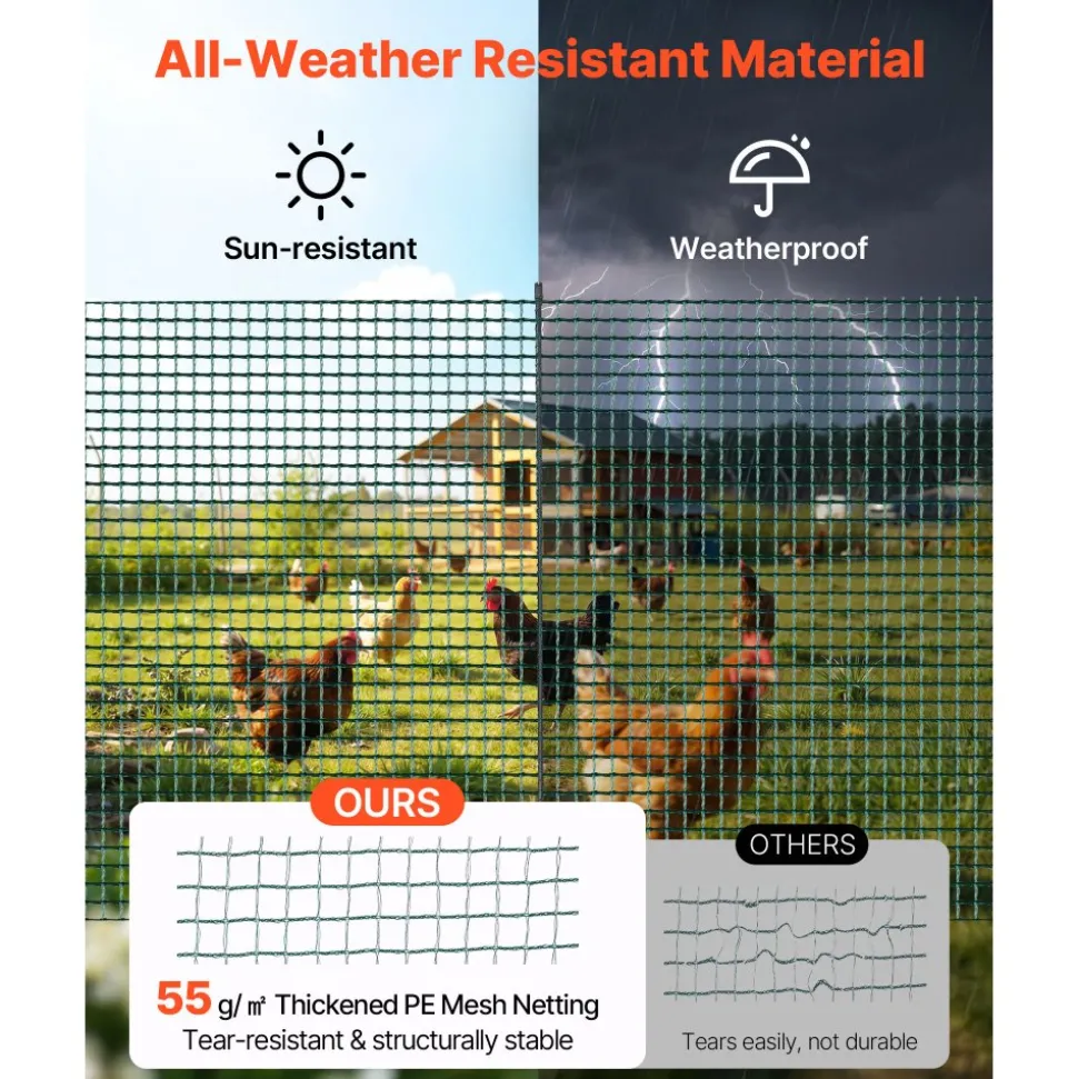 VEVOR Temporary Fence with Posts, 3 x 98.4 FT Plastic Mesh Fencing, Garden Safety Fences Netting with Double-Spike Stakes & Guy Ropes, Temporary Fence for Dogs, Chickens, Plants, Outdoor Yards