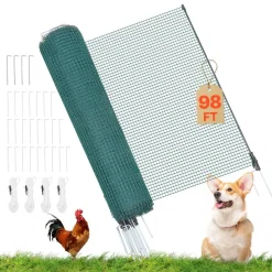 VEVOR Temporary Fence with Posts, 3 x 98.4 FT Plastic Mesh Fencing, Garden Safety Fences Netting with Double-Spike Stakes & Guy Ropes, Temporary Fence for Dogs, Chickens, Plants, Outdoor Yards