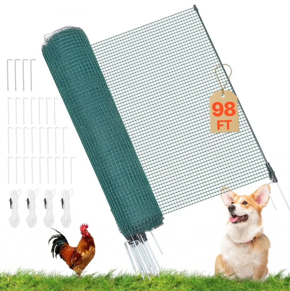 VEVOR Temporary Fence with Posts, 3 x 98.4 FT Plastic Mesh Fencing, Garden Safety Fences Netting with Double-Spike Stakes & Guy Ropes, Temporary Fence for Dogs, Chickens, Plants, Outdoor Yards