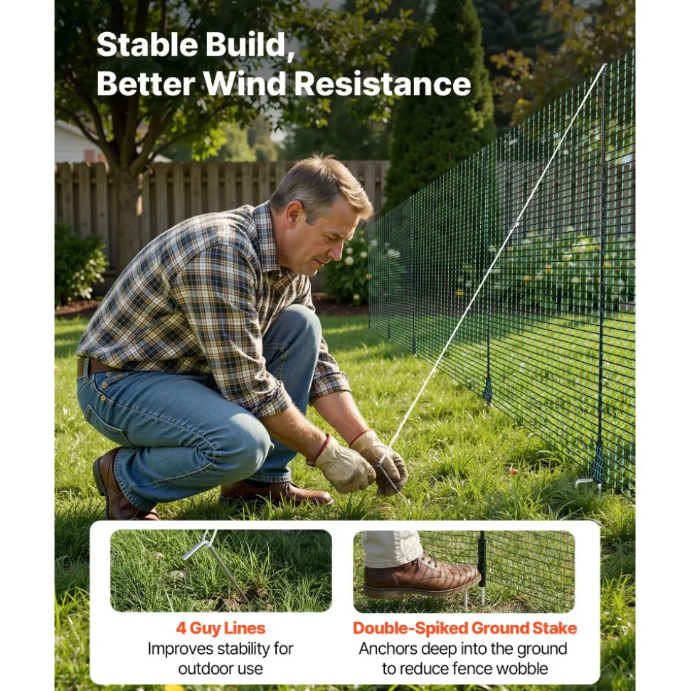 VEVOR Temporary Fence with Posts, 3 x 98.4 FT Plastic Mesh Fencing, Garden Safety Fences Netting with Double-Spike Stakes & Guy Ropes, Temporary Fence for Dogs, Chickens, Plants, Outdoor Yards