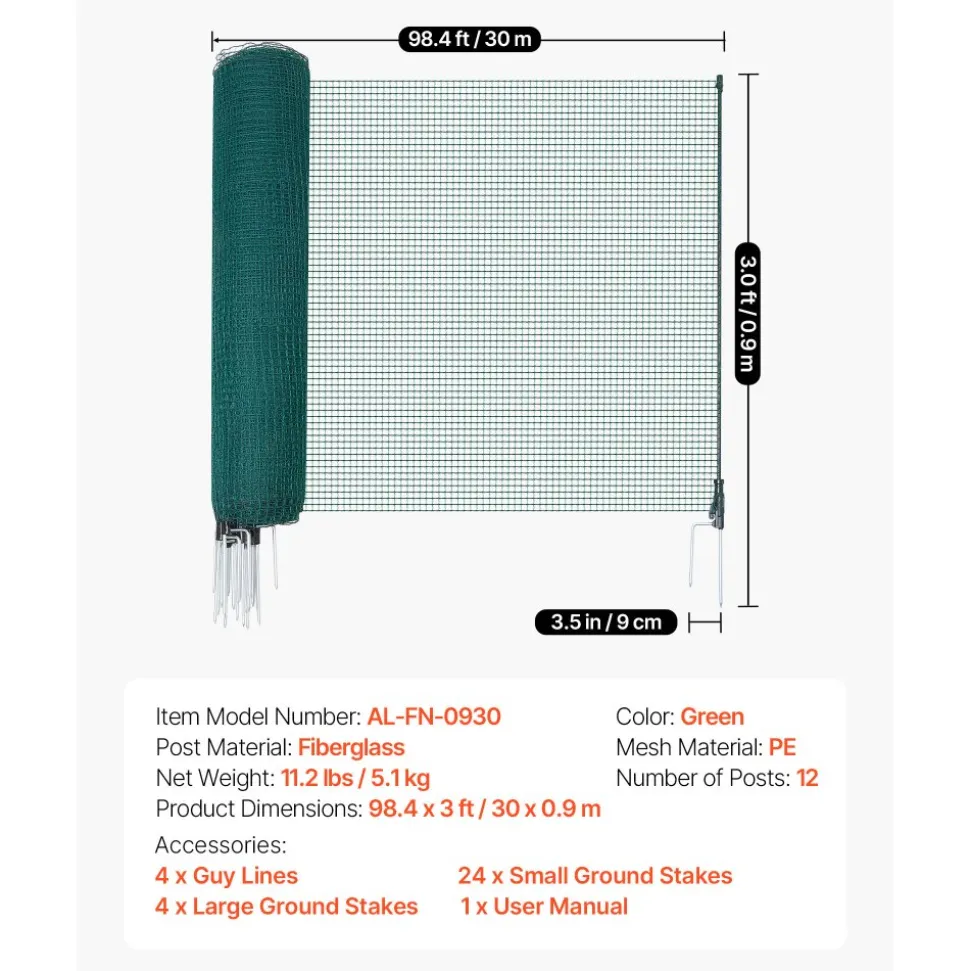 VEVOR Temporary Fence with Posts, 3 x 98.4 FT Plastic Mesh Fencing, Garden Safety Fences Netting with Double-Spike Stakes & Guy Ropes, Temporary Fence for Dogs, Chickens, Plants, Outdoor Yards