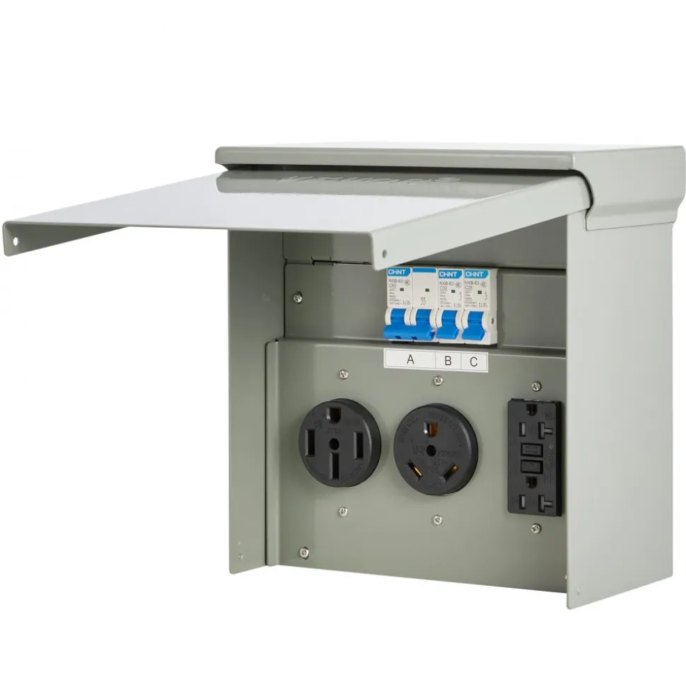 VEVOR Temporary Power Outlet Panel, 20 30 50 Amp, RV EV Electrical Outlet Panel, with NEMA 50 Amp NEMA 30 Amp GFCI 20 Amp Receptacle Installed, Pre-Wired IP54 Weatherproof Box, for RV Camper Motorhome