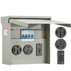 VEVOR Temporary Power Outlet Panel, 20 30 50 Amp, RV EV Electrical Outlet Panel, with NEMA 50 Amp NEMA 30 Amp GFCI 20 Amp Receptacle Installed, Pre-Wired IP54 Weatherproof Box, for RV Camper Motorhome