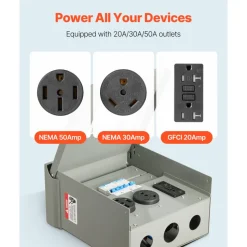 VEVOR Temporary Power Outlet Panel, 20 30 50 Amp, RV EV Electrical Outlet Panel, with NEMA 50 Amp NEMA 30 Amp GFCI 20 Amp Receptacle Installed, Pre-Wired IP54 Weatherproof Box, for RV Camper Motorhome