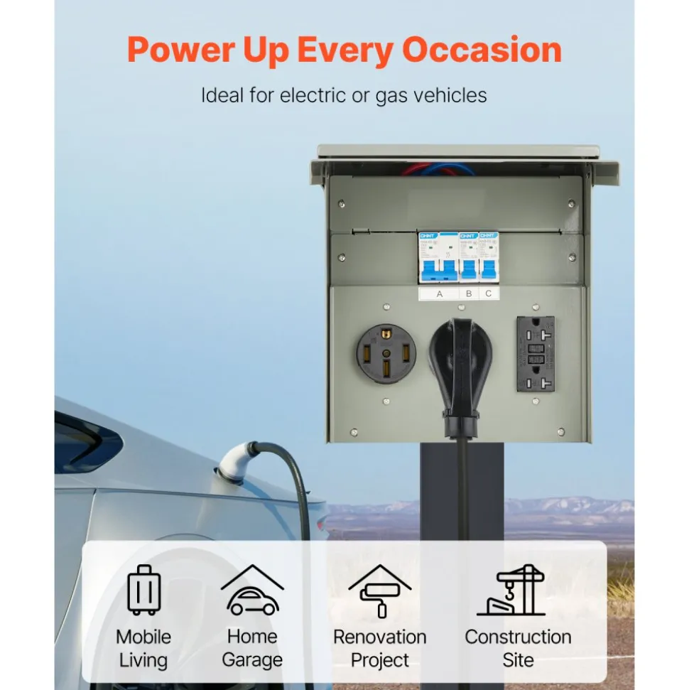 VEVOR Temporary Power Outlet Panel, 20 30 50 Amp, RV EV Electrical Outlet Panel, with NEMA 50 Amp NEMA 30 Amp GFCI 20 Amp Receptacle Installed, Pre-Wired IP54 Weatherproof Box, for RV Camper Motorhome