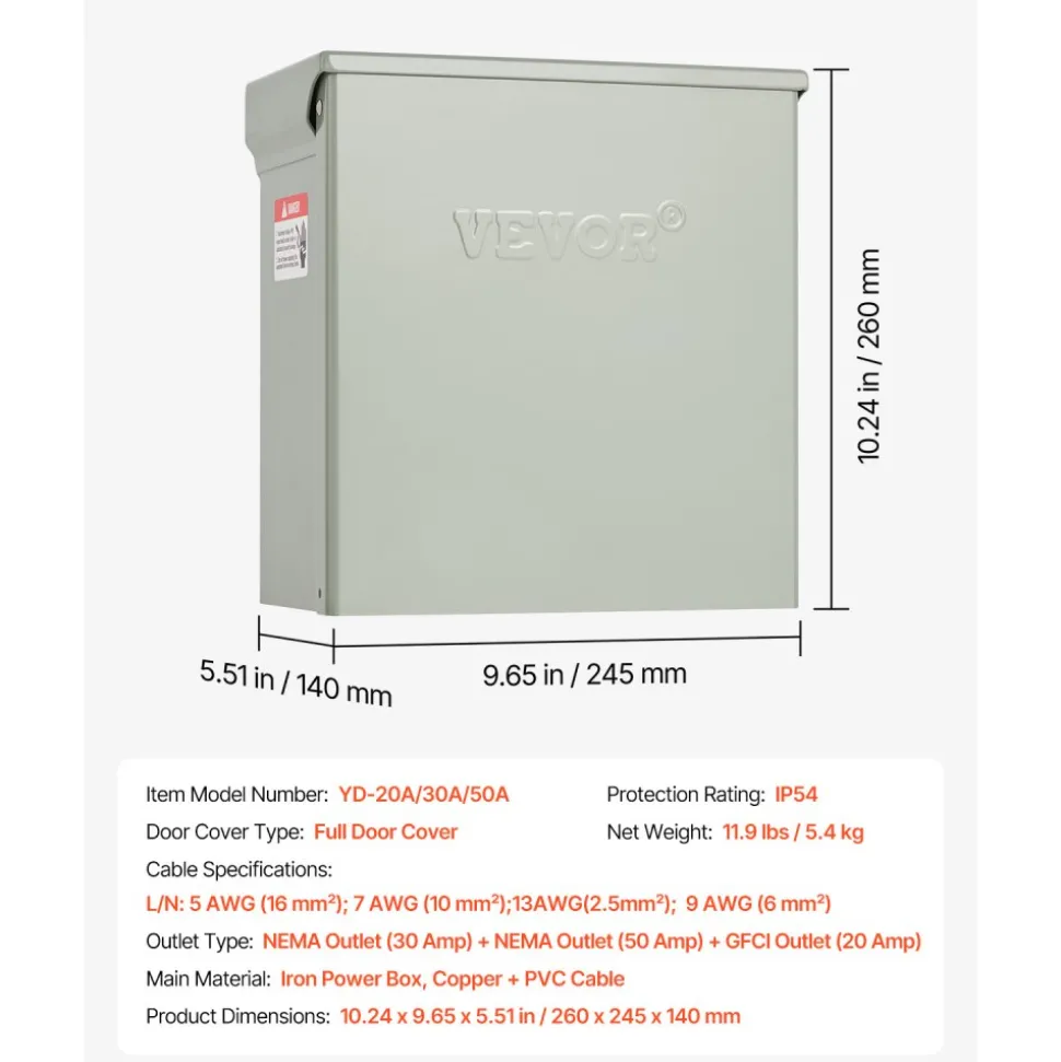VEVOR Temporary Power Outlet Panel, 20 30 50 Amp, RV EV Electrical Outlet Panel, with NEMA 50 Amp NEMA 30 Amp GFCI 20 Amp Receptacle Installed, Pre-Wired IP54 Weatherproof Box, for RV Camper Motorhome
