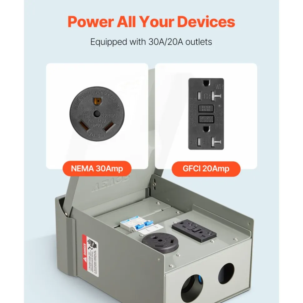 VEVOR Temporary Power Outlet Panel, 20 30 Amp, RV EV Electrical Outlet Panel with NEMA 30 Amp GFCI 20 Amp Receptacle Installed, Pre-Wired IP54 Weatherproof Box, for RV Camper Car Travel Motorhome