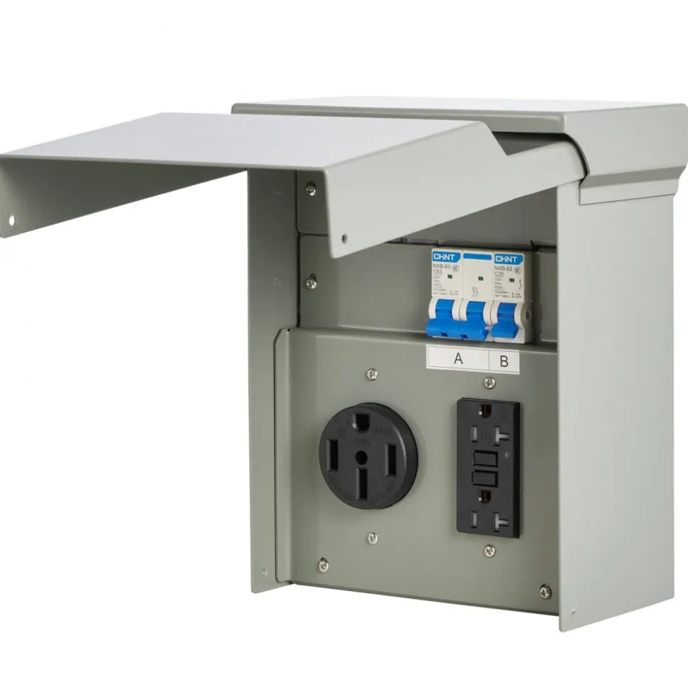 VEVOR Temporary Power Outlet Panel, 20 50 Amp, RV EV Electrical Outlet Panel with NEMA 50 Amp GFCI 20 Amp Receptacle Installed, Pre-Wired IP54 Weatherproof Box, for RV Camper Car Travel Motorhome