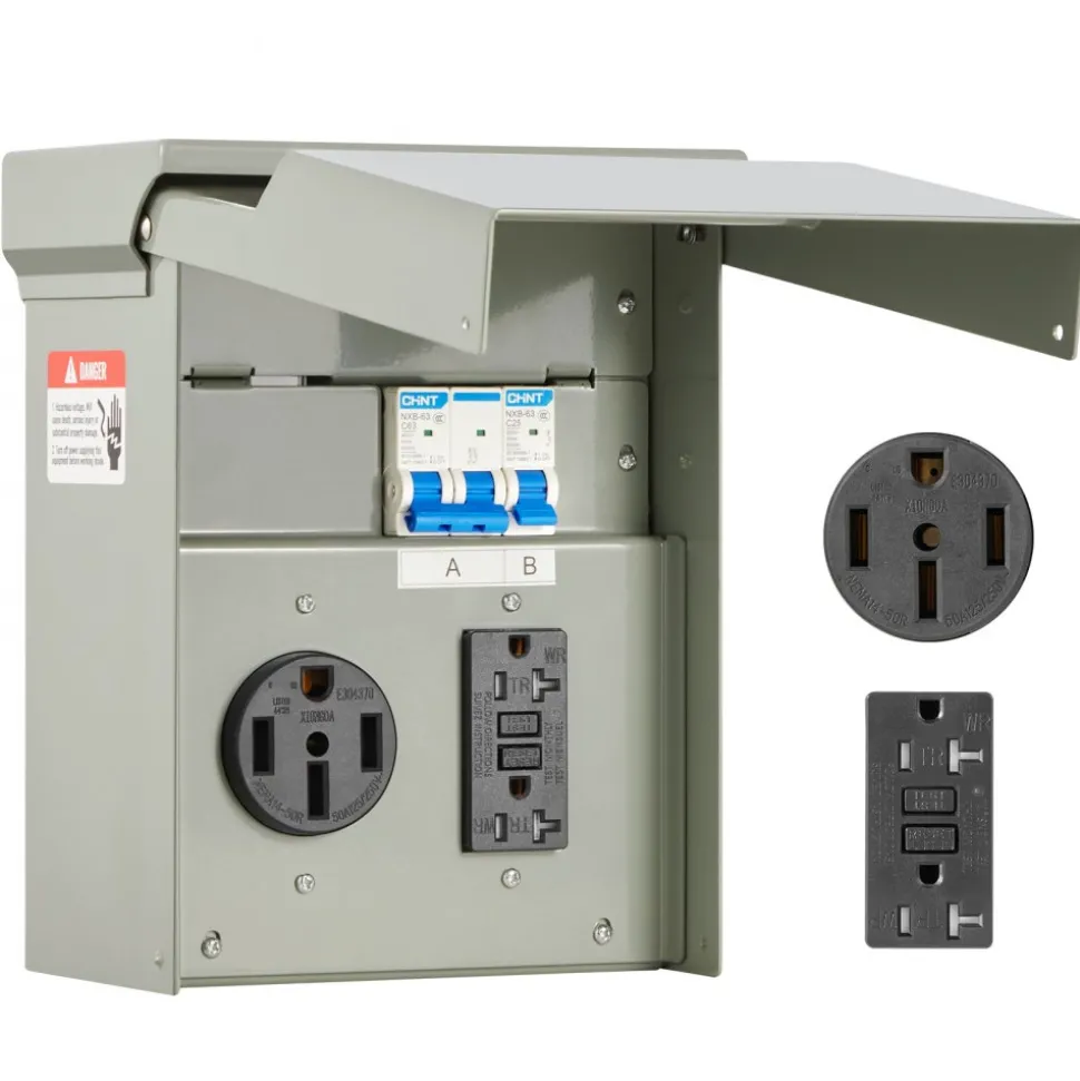 VEVOR Temporary Power Outlet Panel, 20 50 Amp, RV EV Electrical Outlet Panel with NEMA 50 Amp GFCI 20 Amp Receptacle Installed, Pre-Wired IP54 Weatherproof Box, for RV Camper Car Travel Motorhome