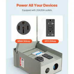 VEVOR Temporary Power Outlet Panel, 20 50 Amp, RV EV Electrical Outlet Panel with NEMA 50 Amp GFCI 20 Amp Receptacle Installed, Pre-Wired IP54 Weatherproof Box, for RV Camper Car Travel Motorhome