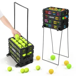 VEVOR Tennis Ball Hopper, Holds 175 Tennis Balls or 290 Pickleballs, Foldable Pickleball Basket Cart with Wheels for Easy Pick Up, Portable Baseball Cart Caddy with Storage Bag, for Training Coaching