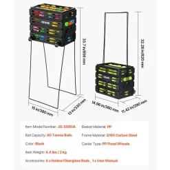 VEVOR Tennis Ball Hopper, Holds 80 Tennis Balls, Pickleball Basket Cart with Wheels for Easy Pick Up, Portable Pickleball Collection Caddy with Heavy-Duty Construction, for Training Carrying Storage