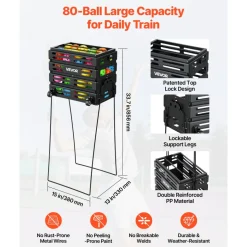 VEVOR Tennis Ball Hopper, Holds 80 Tennis Balls, Pickleball Basket Cart with Wheels for Easy Pick Up, Portable Pickleball Collection Caddy with Heavy-Duty Construction, for Training Carrying Storage