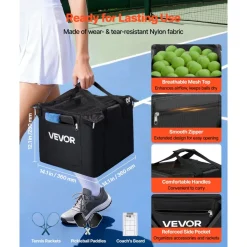 VEVOR Tennis Ball Hopper, Holds 120 Tennis Balls, Foldable Pickleball Basket Cart with Wheels for Easy Pick Up, Lightweight Aluminum Alloy, Portable Pickleball Caddy with Storage Bag, for Training