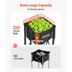 VEVOR Tennis Ball Hopper, Holds 120 Tennis Balls, Foldable Pickleball Basket Cart with Wheels for Easy Pick Up, Lightweight Aluminum Alloy, Portable Pickleball Caddy with Storage Bag, for Training